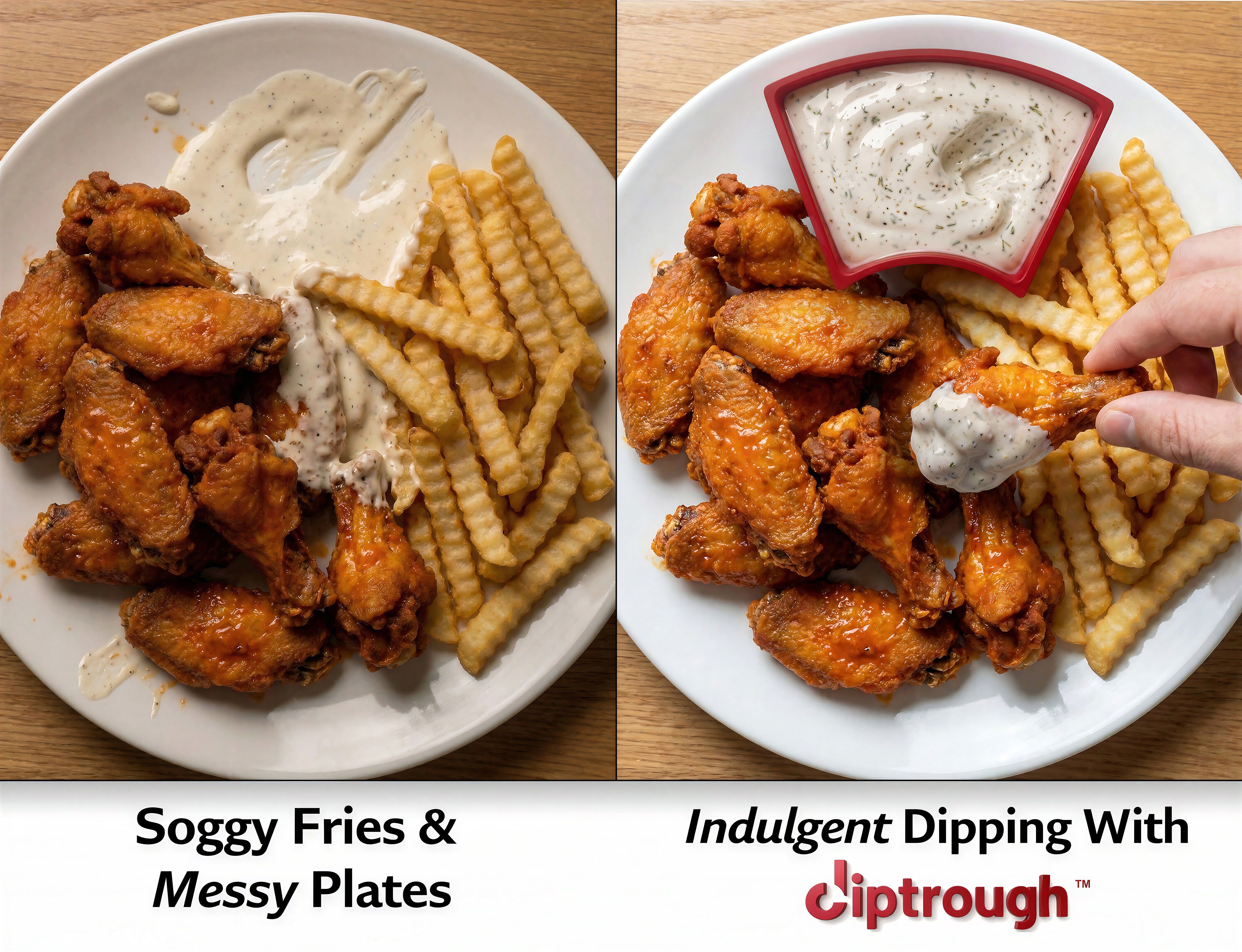 Wings and fries sitting in ranch beside a plate with ranch contained in a Diptrough