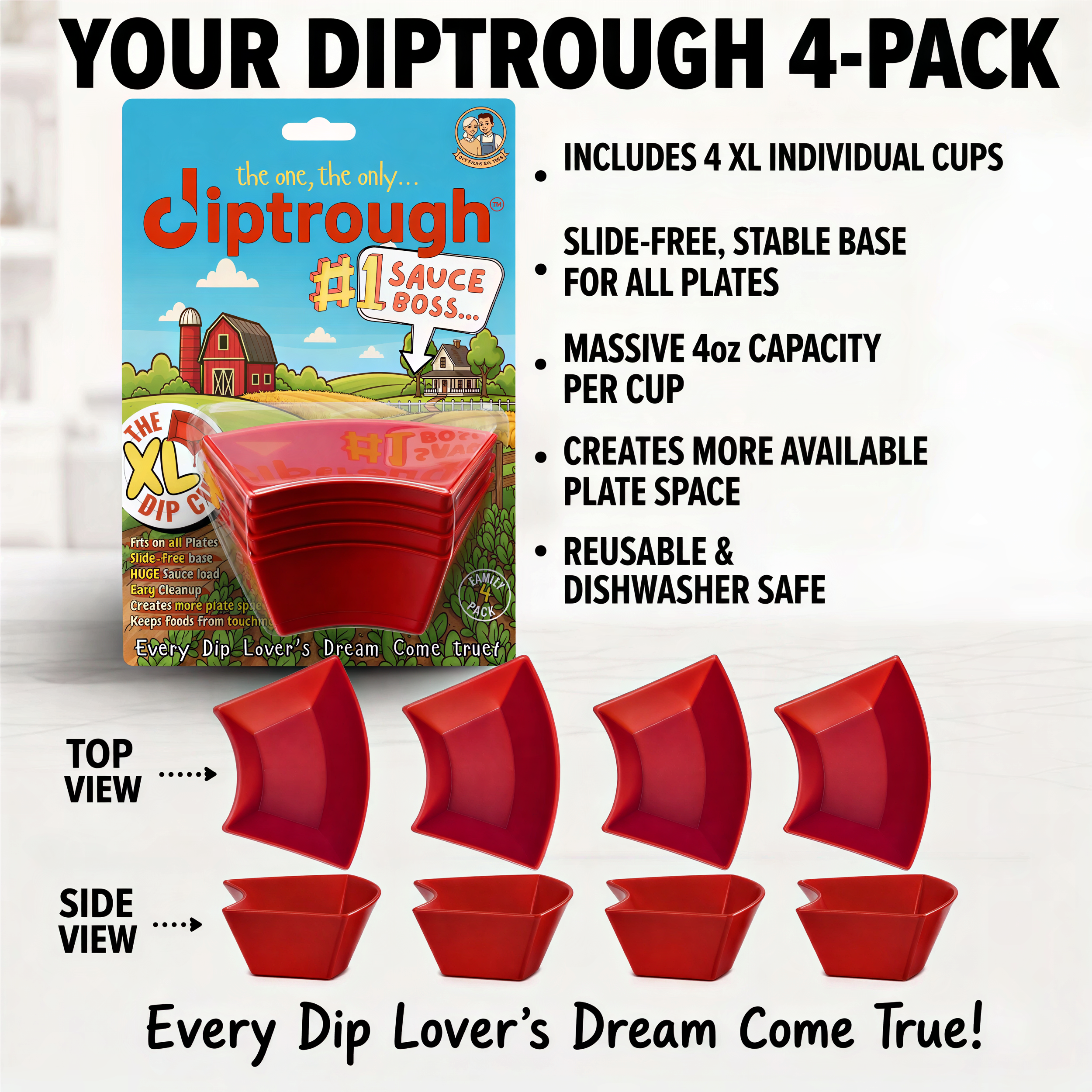 The packaged four-cup Diptrough set with front and side views of the cups